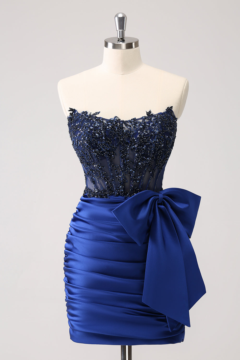 Sparkly Navy Strapless Beaded Appliques Tight Homecoming Dress - Fashionpara
