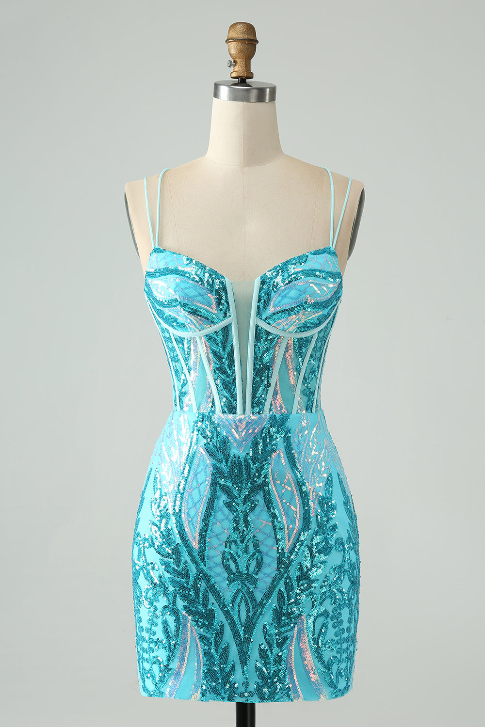 Zapakasa Women Sparkly Blue Homecoming Dress with Sequins Spaghetti Straps Corset Lace- Up Back Cocktail Dress