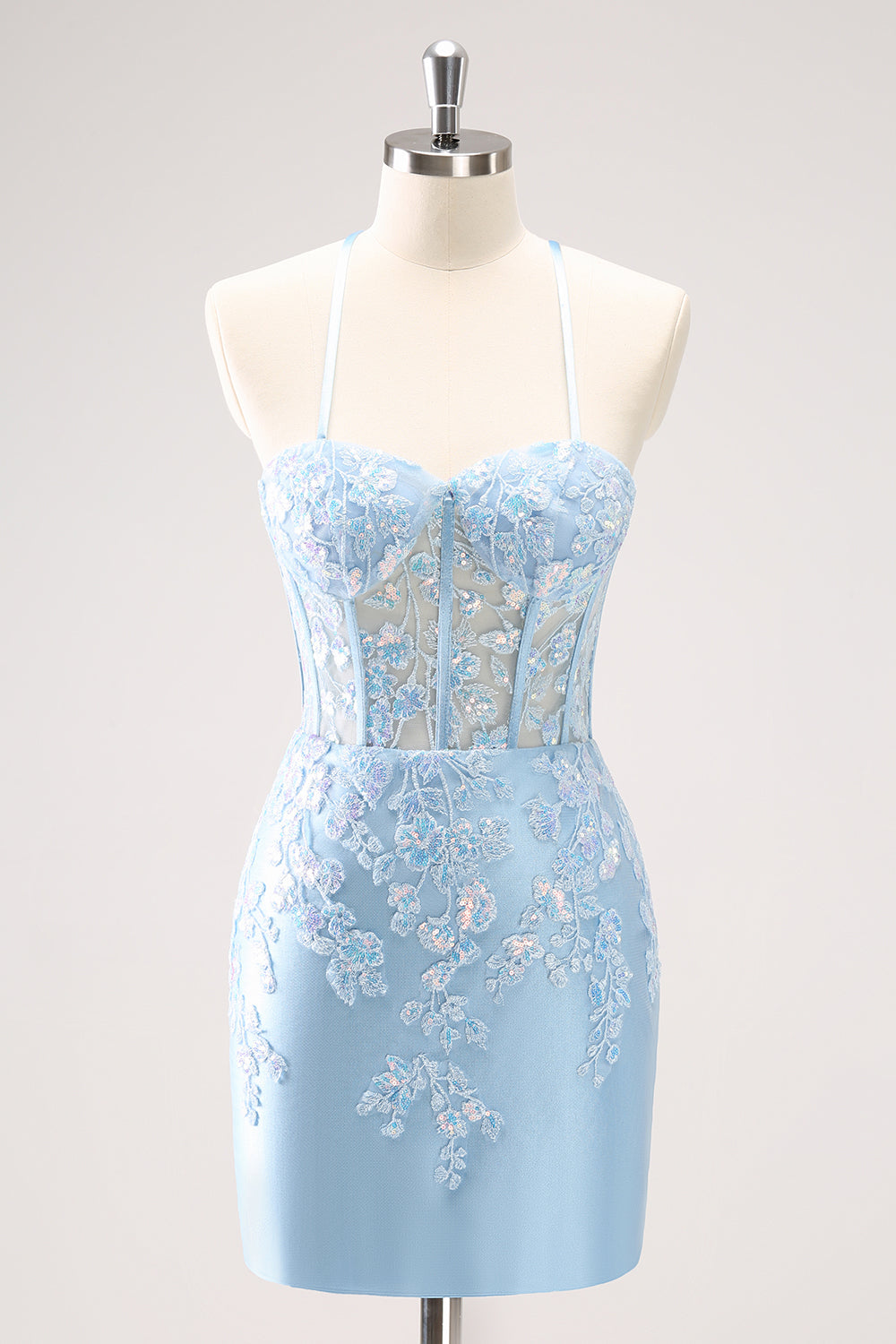 Blue Spaghetti Straps Corset Applique Tight Homecoming Dress with Sequins - Fashionpara