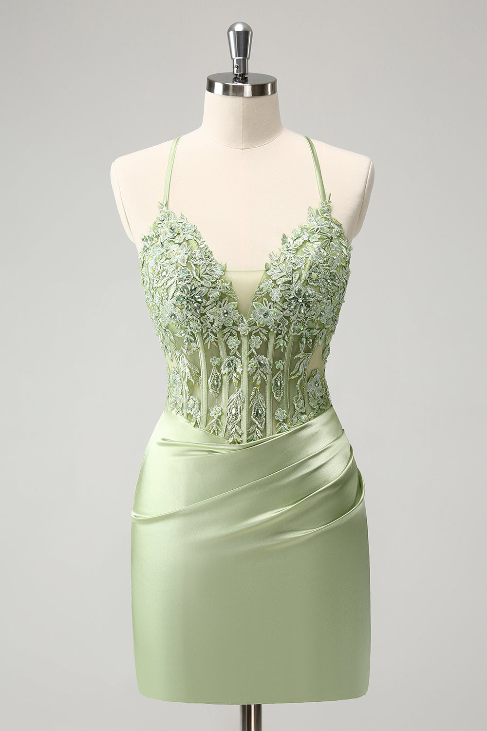 Glitter Green Spaghetti Straps Beaded Appliques Tight Corset Homecoming Dress - Fashionpara