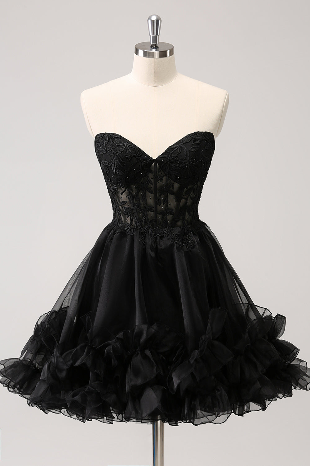 Cute Black A Line Corset Strapless Ruffled Short Homecoming Dress - Fashionpara