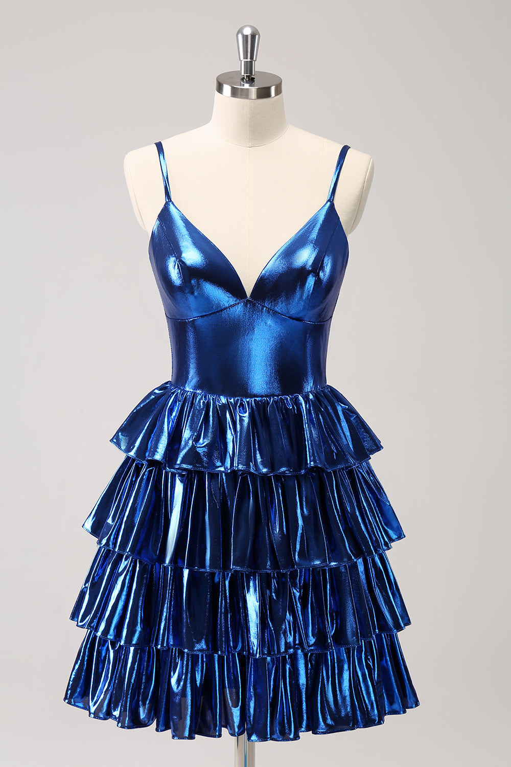 Ink Blue Spaghetti Straps A Line Tiered Short Homecoming Dress - Fashionpara