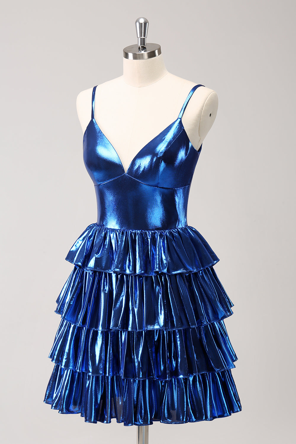 Ink Blue Spaghetti Straps A Line Tiered Short Homecoming Dress - Fashionpara