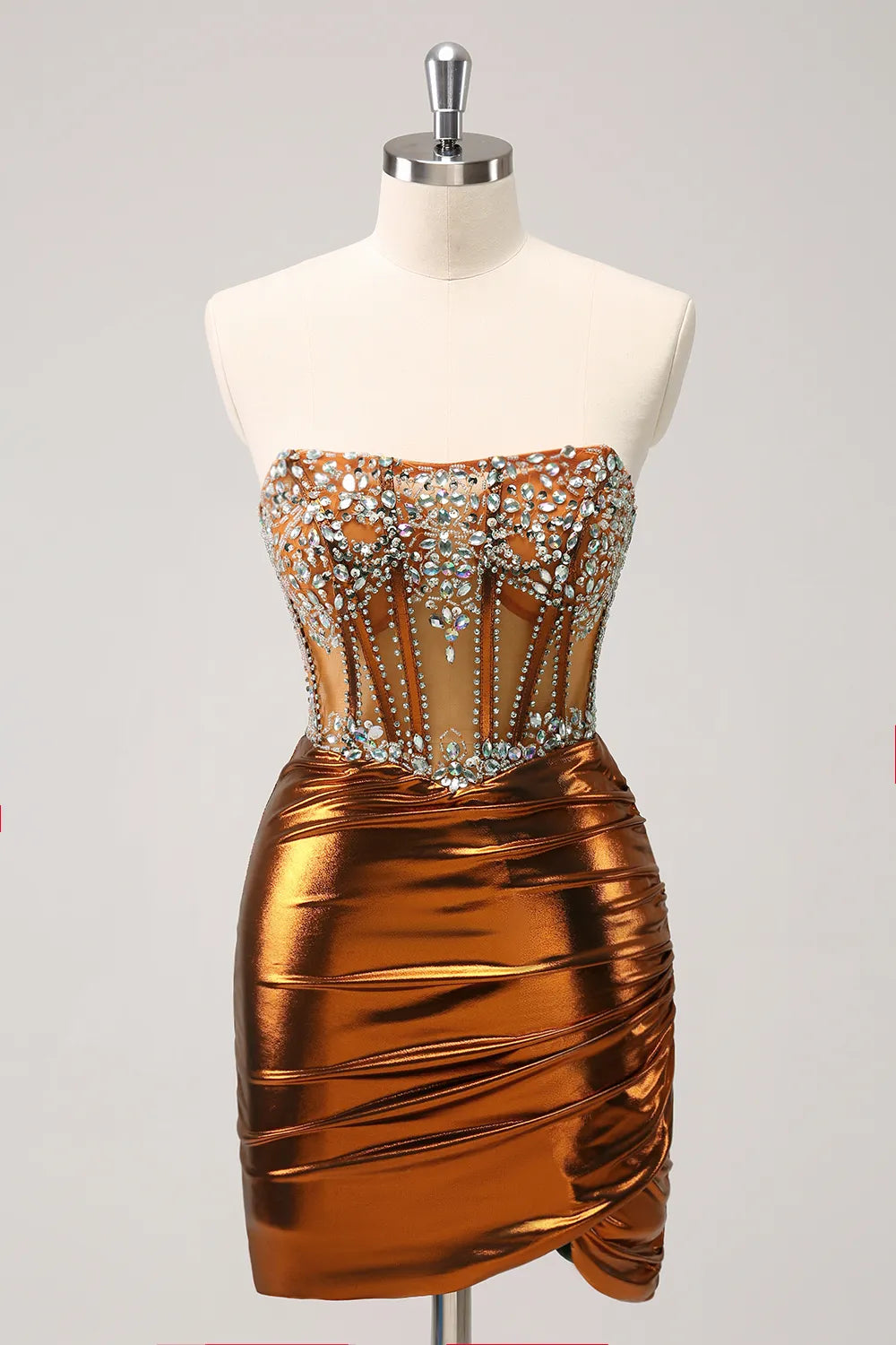 Glitter Beaded Copper Corset Pleated Strapless Short Tight Homecoming Dress - Fashionpara