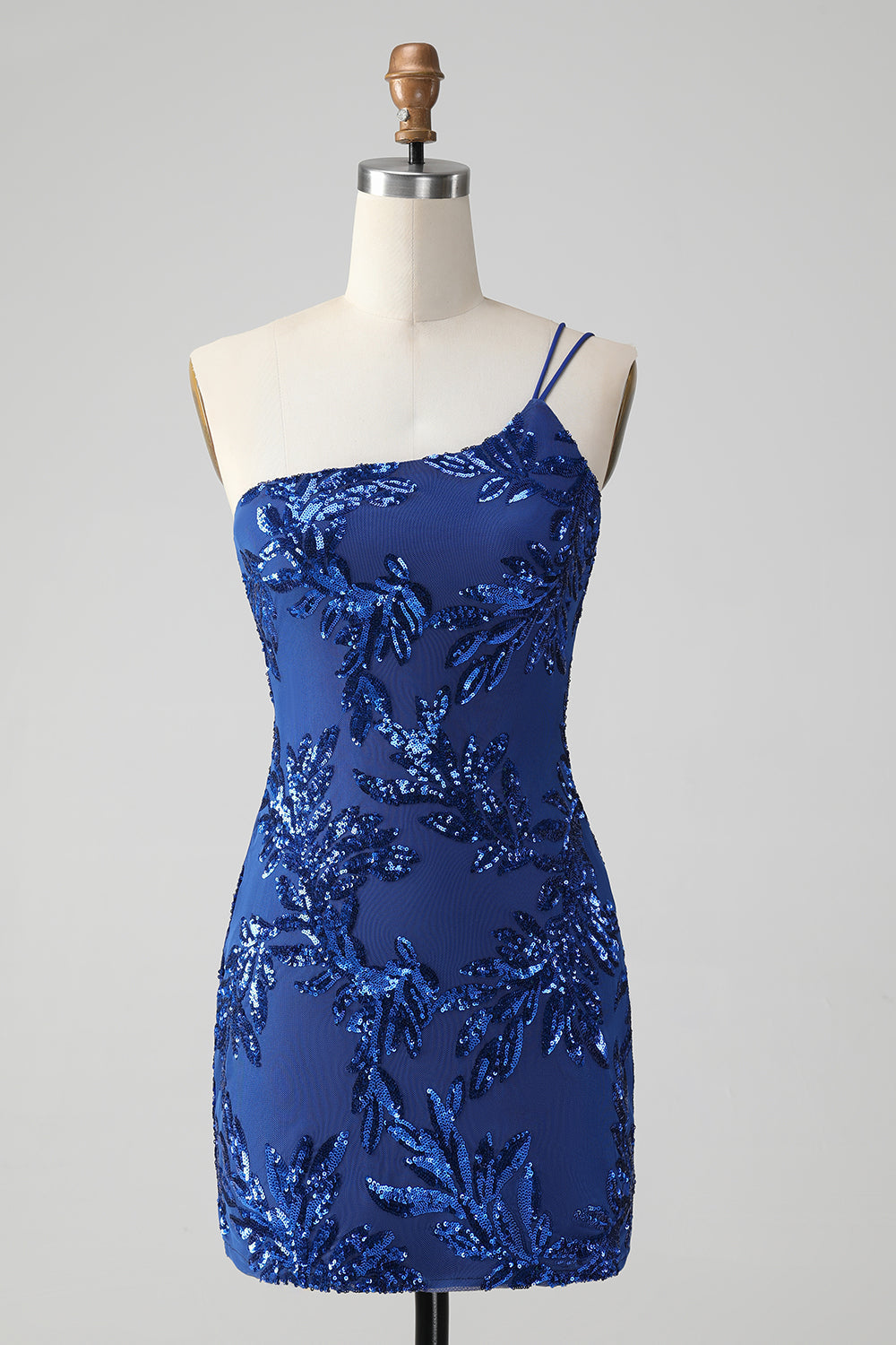 Zapakasa Women Sparkly Bodycon Royal Blue Homecoming Dress with Embroidery One Shoulder Sequins Cocktail Party Dress