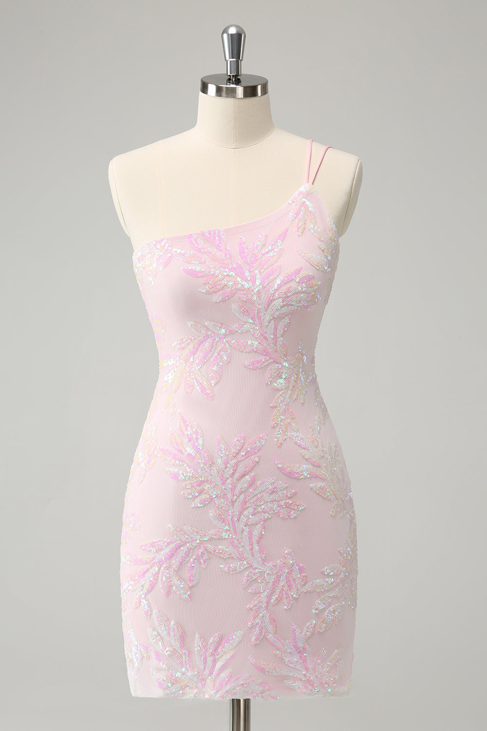 Zapakasa Women Glitter Pink Tight Homecoming Dress One Shoulder Sequined Embroidery Short Prom Dress