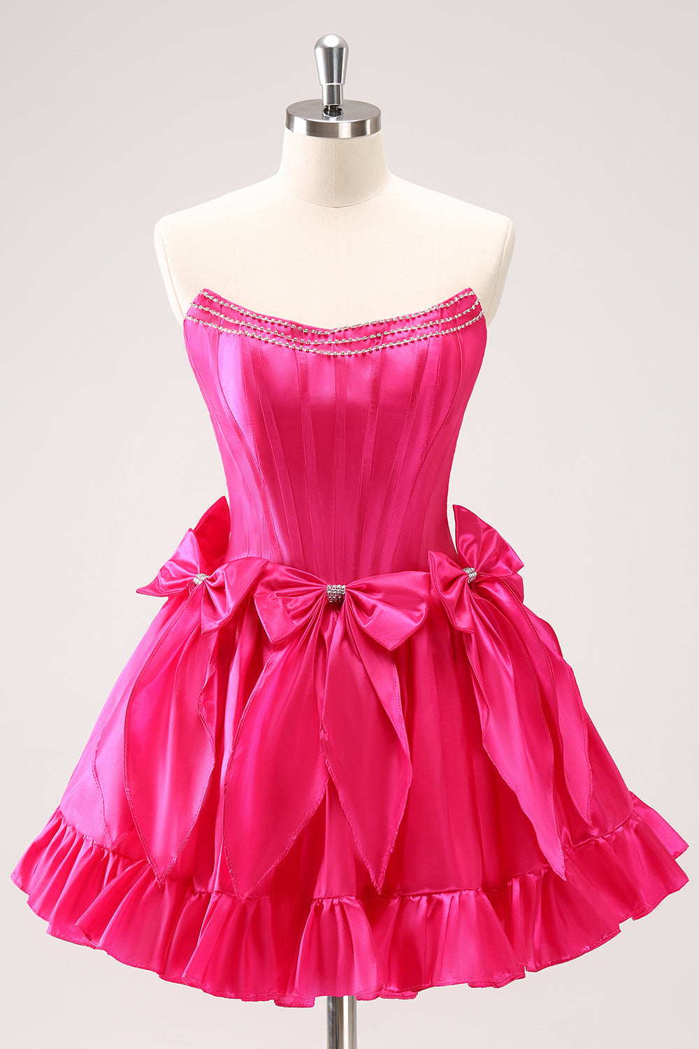 Fuchsia A Line Strapless Corset Short Homecoming Dress With Bows - Fashionpara