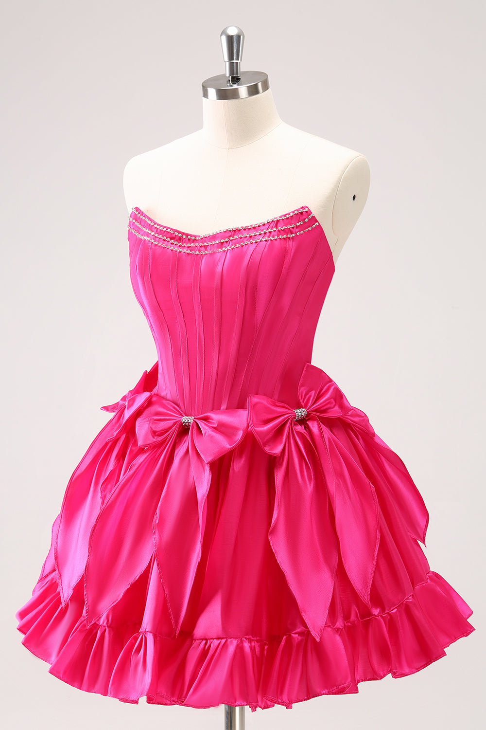 Fuchsia A Line Strapless Corset Short Homecoming Dress With Bows - Fashionpara