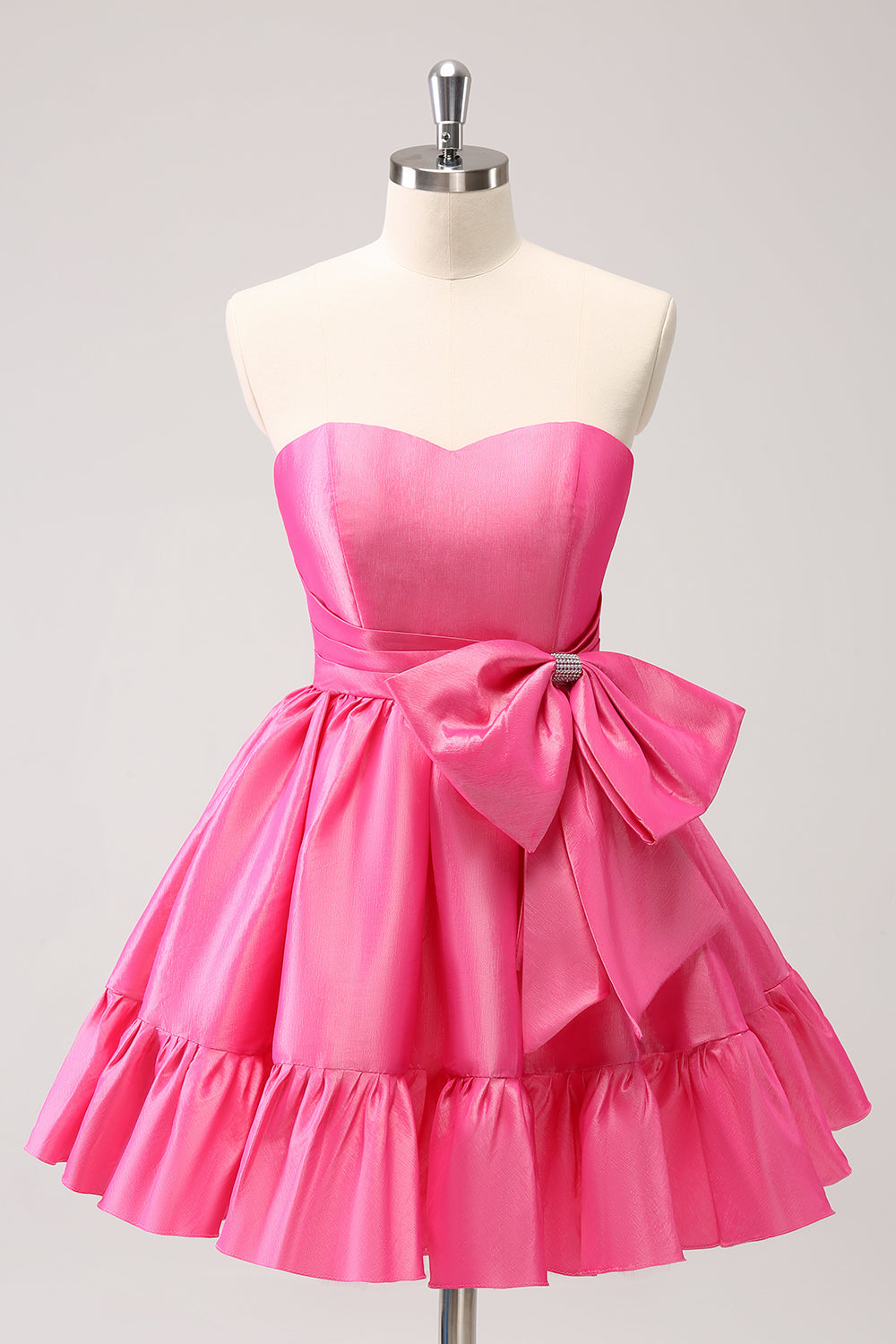 Fuchsia A-Line Strapless Ruffle Short Homecoming Dress with Bow - Fashionpara