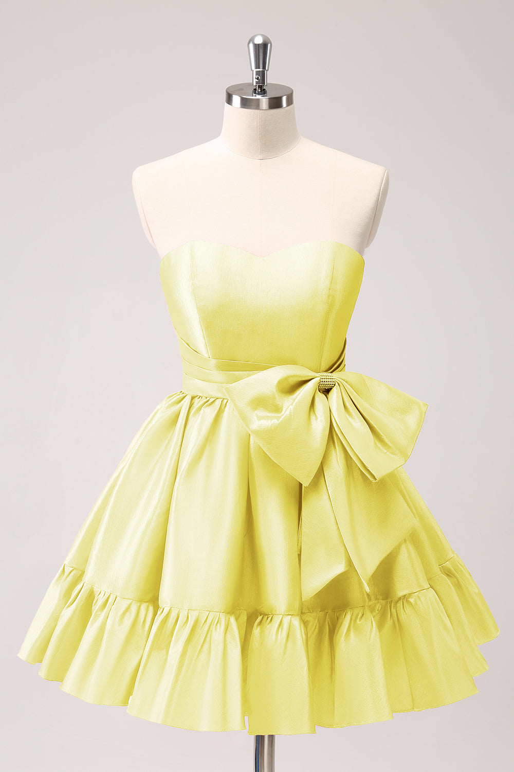 Fuchsia A-Line Strapless Ruffle Short Homecoming Dress with Bow - Fashionpara