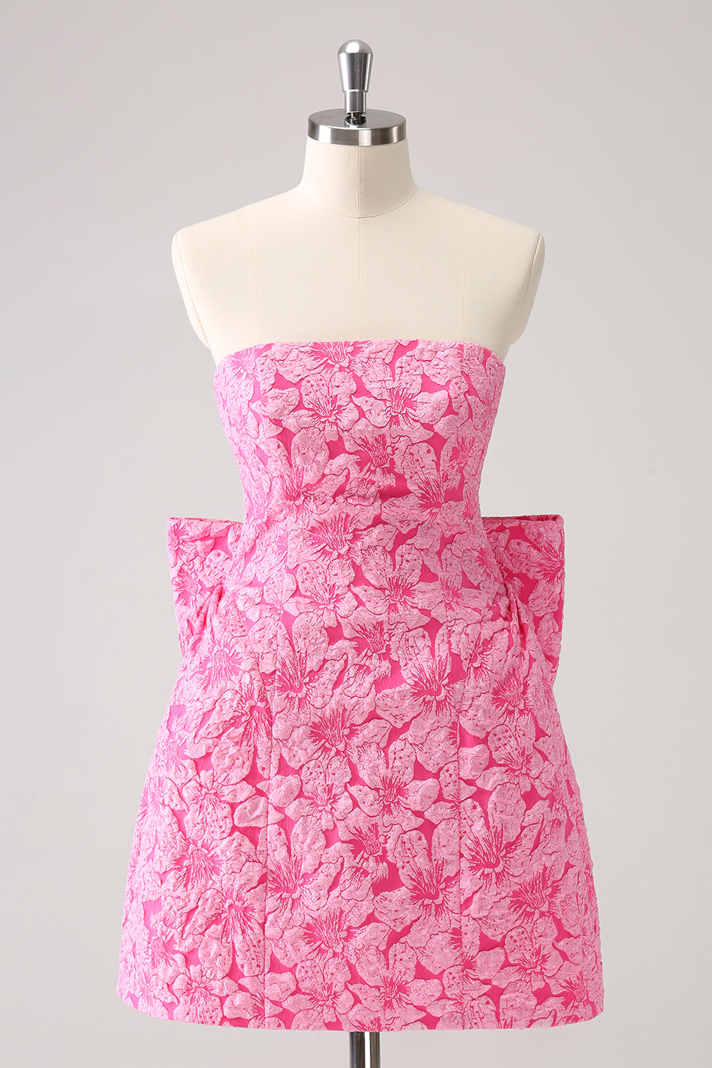 Fuchsia A Line Floral Strapless Short Homecoming Dress With Bow - Fashionpara