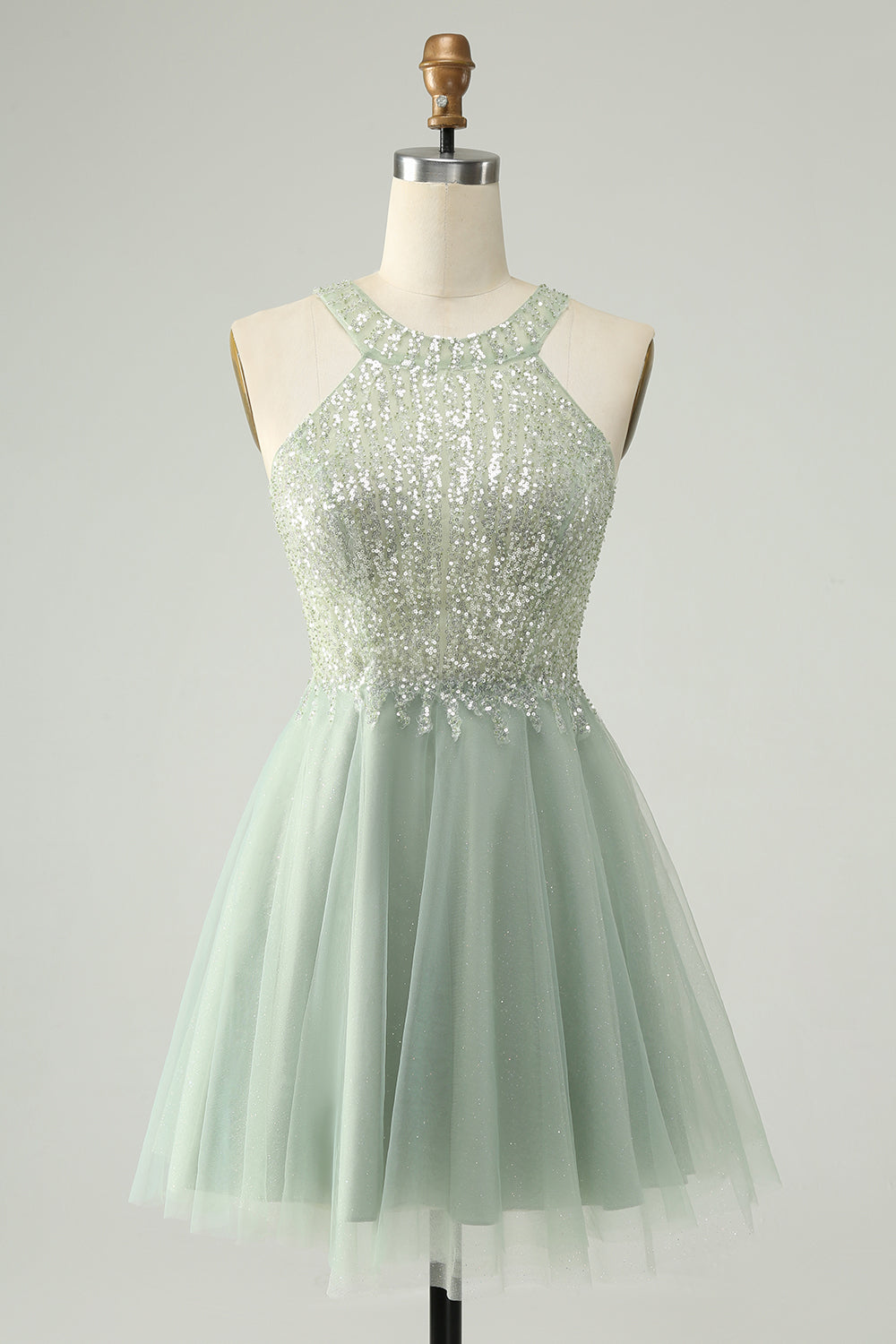 Dusty Green Halter Sequins A Line Homecoming Dress - Fashionpara