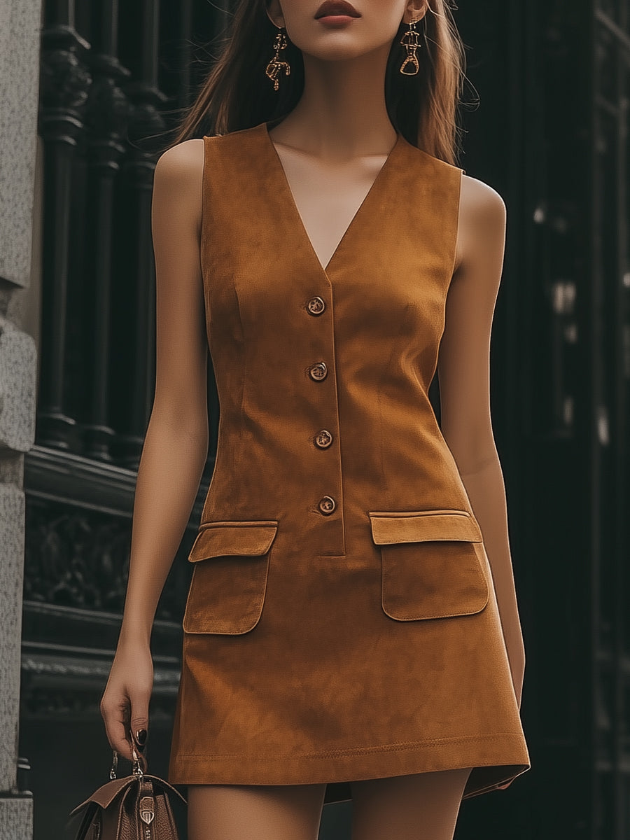 Vintage Button  Sleeveless Mini Dress