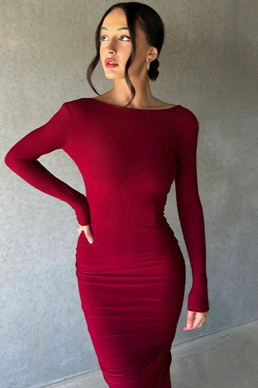 Sexy V Neck Bodycon Ruched Solid Long Sleeve Formal Dress