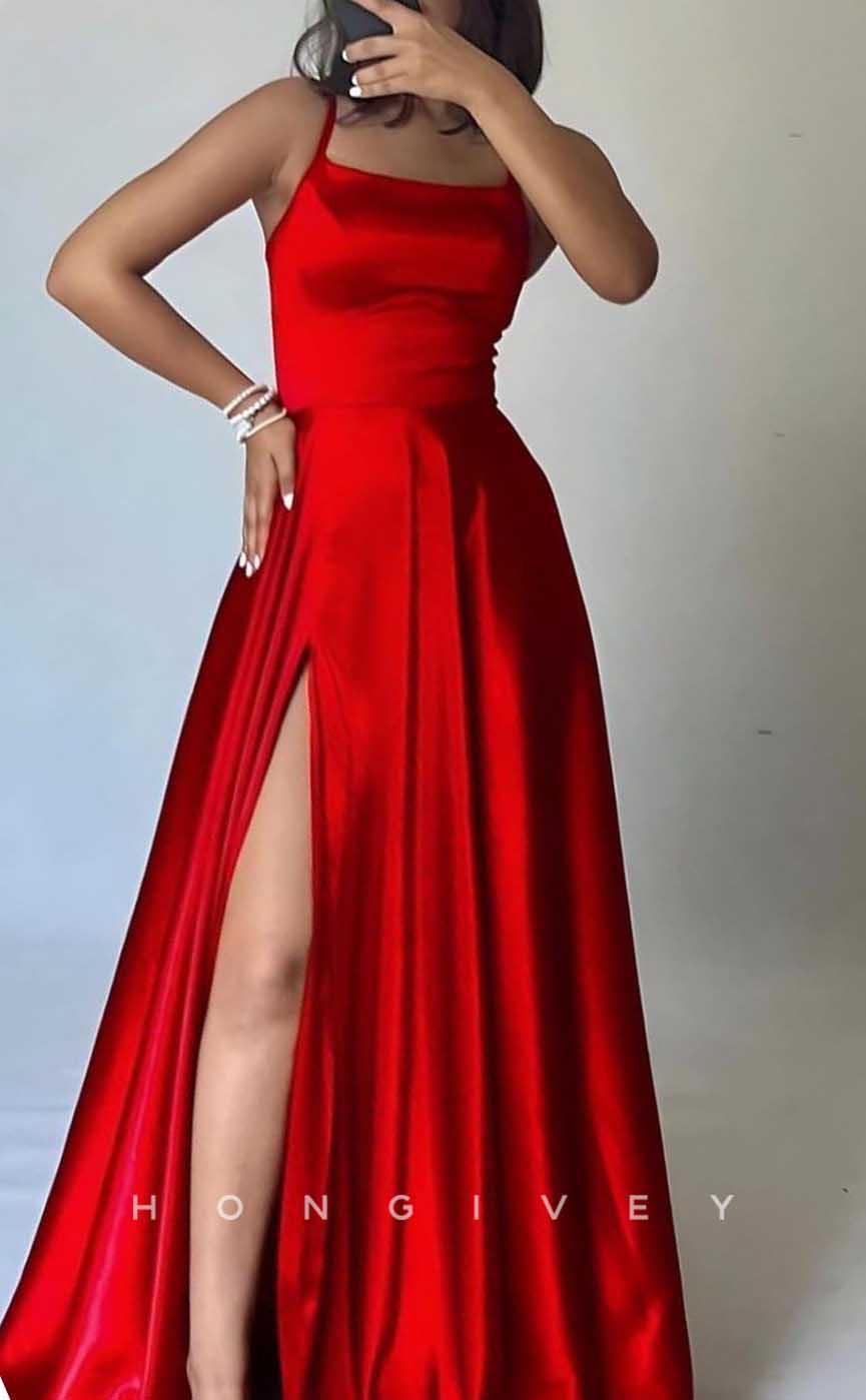 L2865 - Satin A-Line Bateau Spaghetti Straps With Side Slit Party Prom Evening Dress - Fashionpara