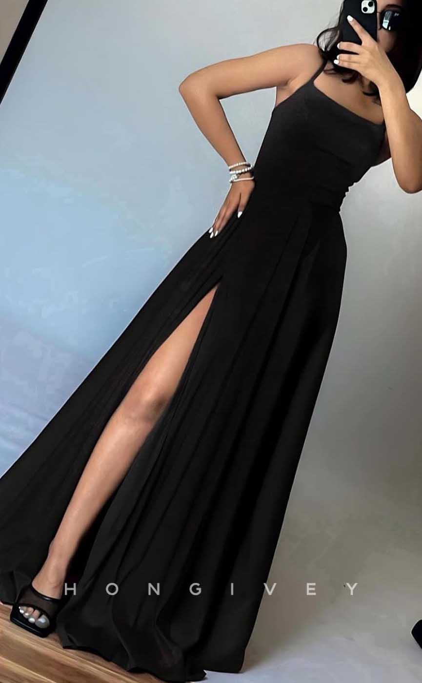 L2865 - Satin A-Line Bateau Spaghetti Straps With Side Slit Party Prom Evening Dress - Fashionpara