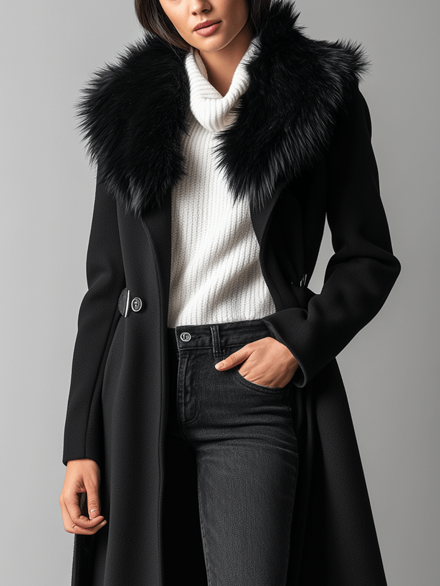 Elegant Black Wool Blend Faux Fur Collar Long Coat