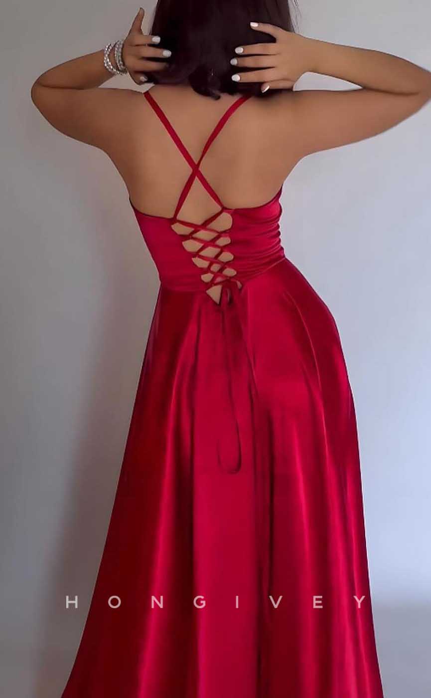 L2865 - Satin A-Line Bateau Spaghetti Straps With Side Slit Party Prom Evening Dress - Fashionpara