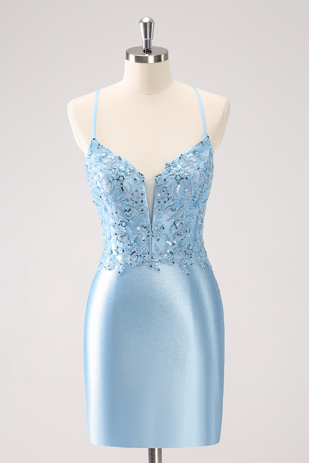 Blue Spaghetti Straps Tight Short Homecoming Dress with Appliques - Fashionpara