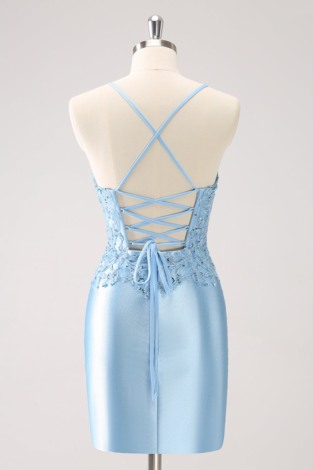Blue Spaghetti Straps Tight Short Homecoming Dress with Appliques - Fashionpara