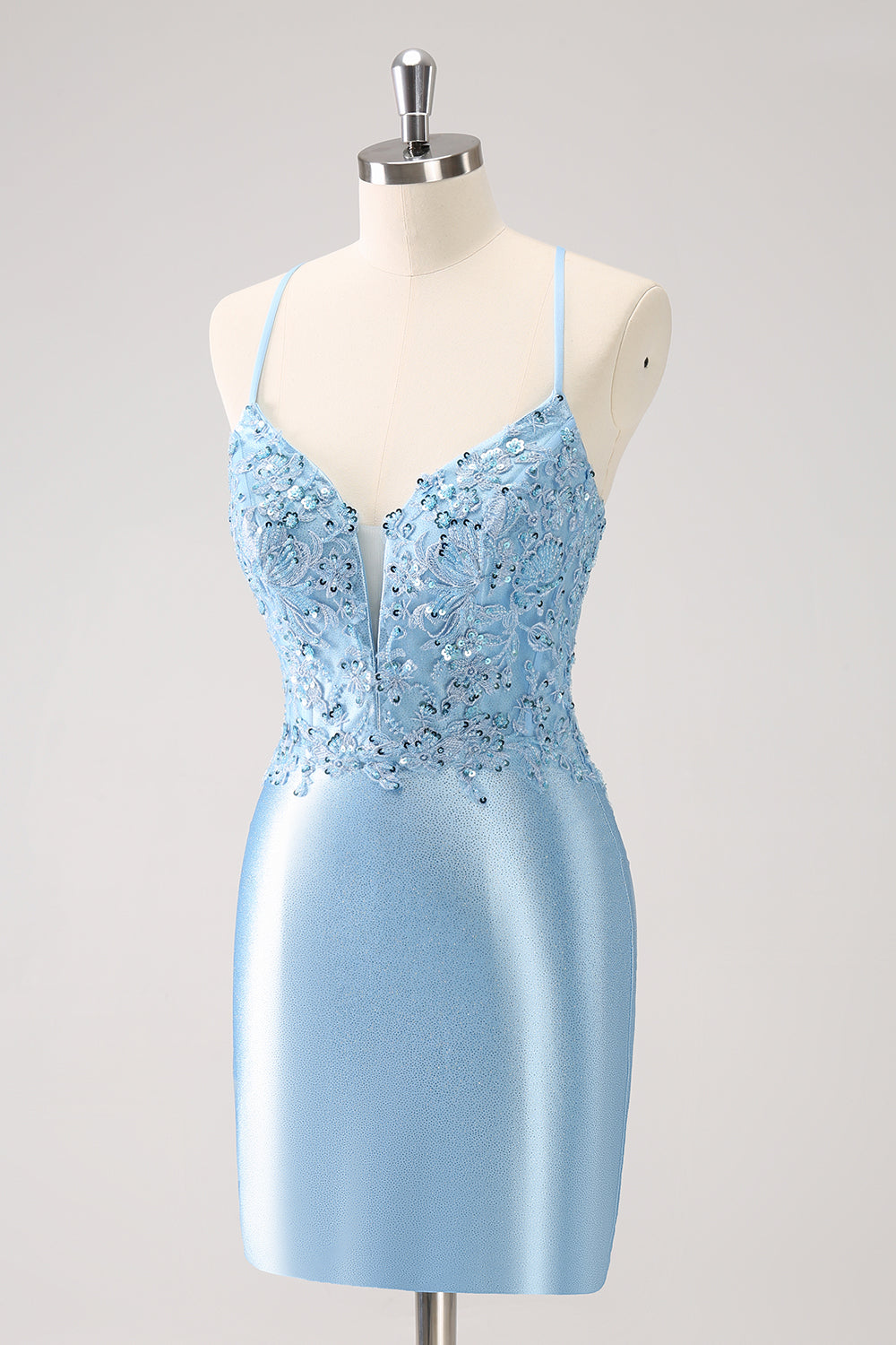 Blue Spaghetti Straps Tight Short Homecoming Dress with Appliques - Fashionpara