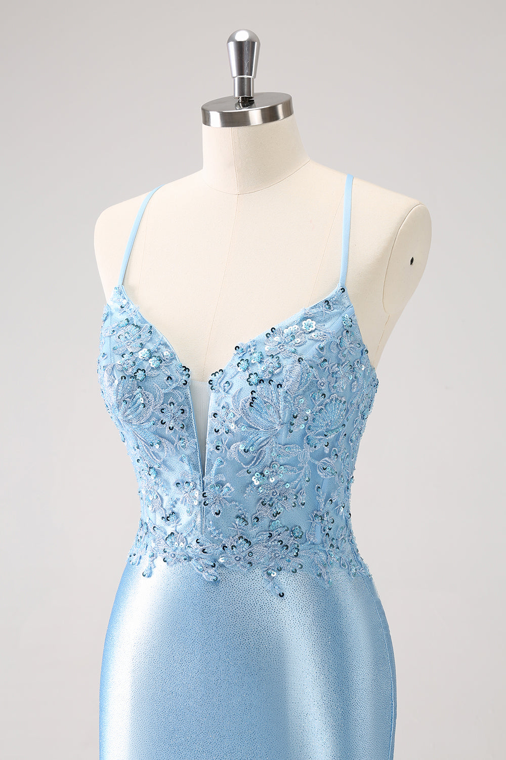 Blue Spaghetti Straps Tight Short Homecoming Dress with Appliques - Fashionpara