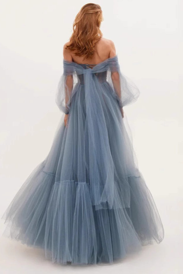Tulle Off Shoulder Bishop Sleeve Corset A-Line Maxi Dress - View 2