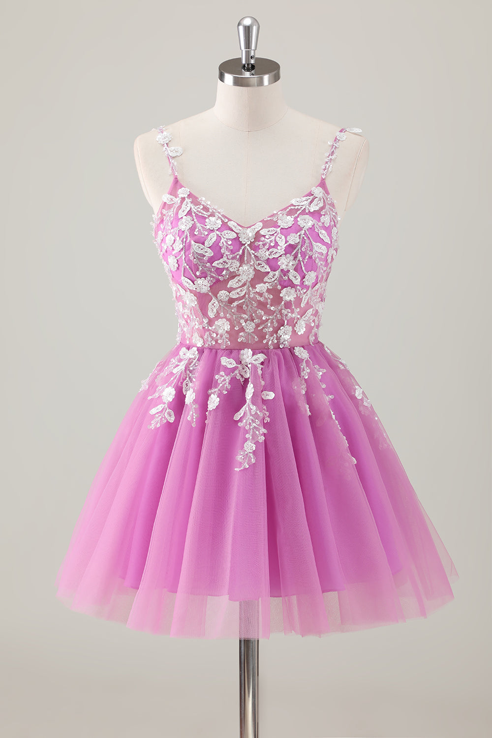 A Line Blush Spaghetti Straps Tulle Corset Sequins Homecoming Dress with Appliques - Fashionpara