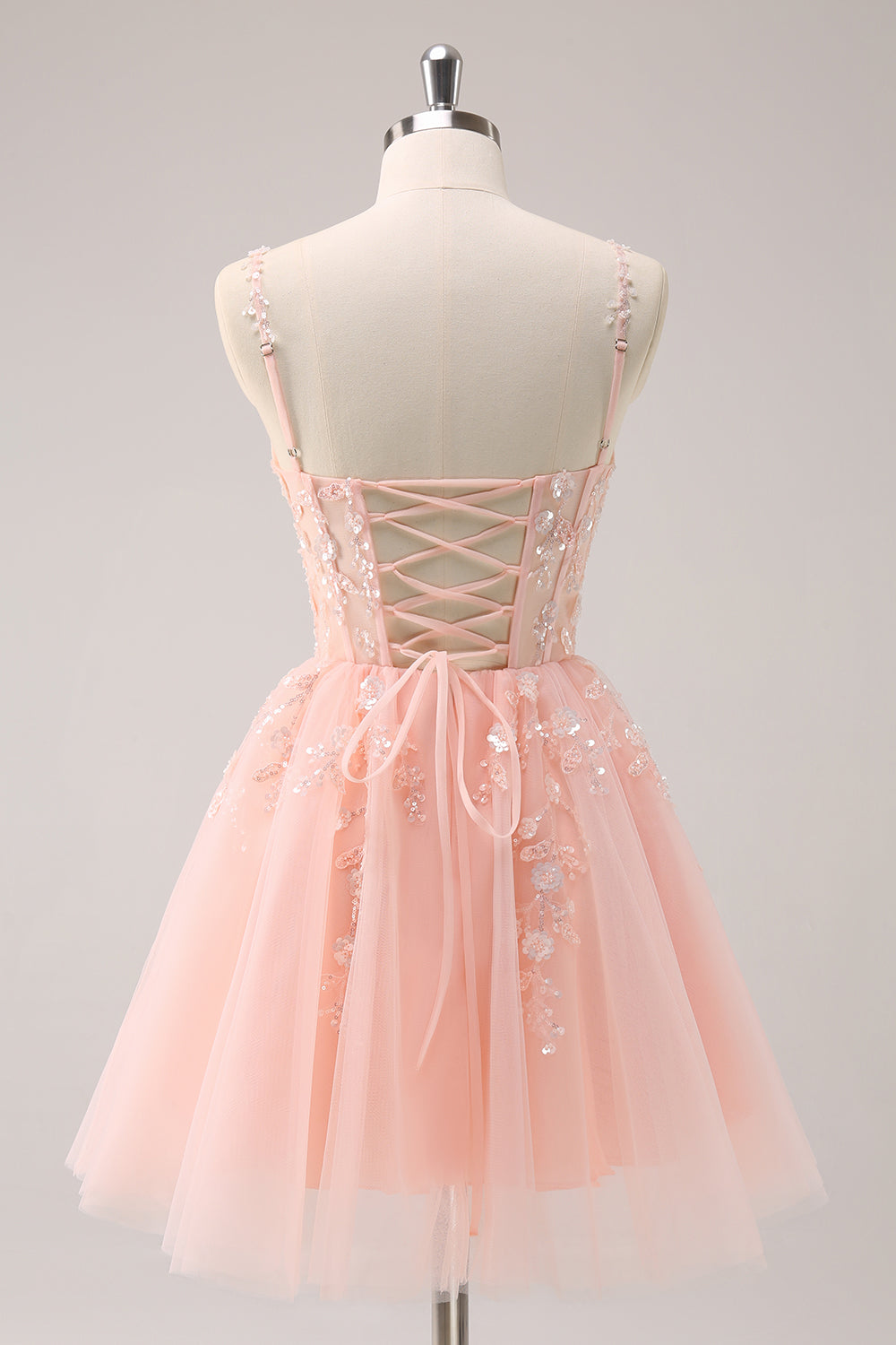 A Line Blush Spaghetti Straps Tulle Corset Sequins Homecoming Dress with Appliques - Fashionpara