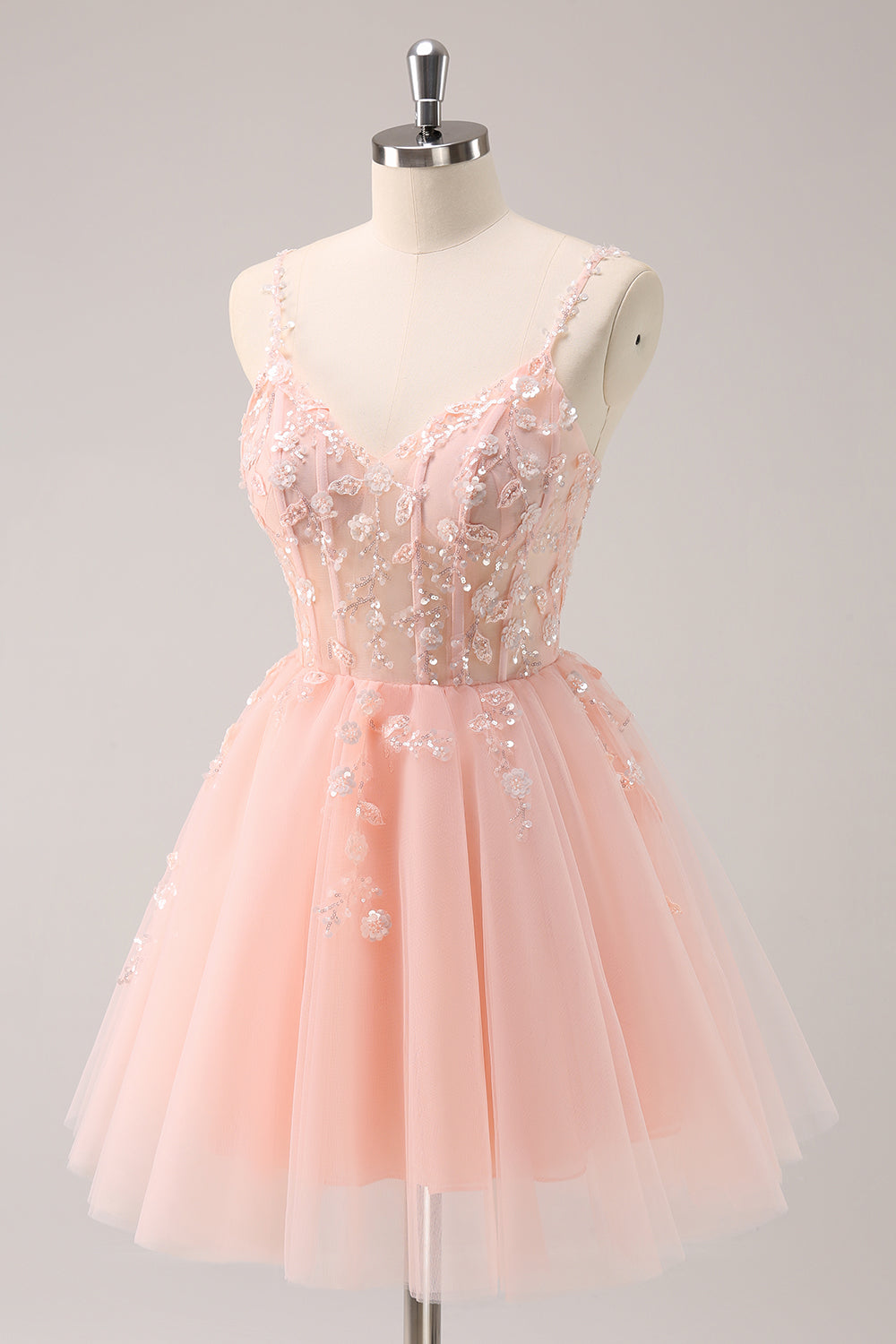 A Line Blush Spaghetti Straps Tulle Corset Sequins Homecoming Dress with Appliques - Fashionpara
