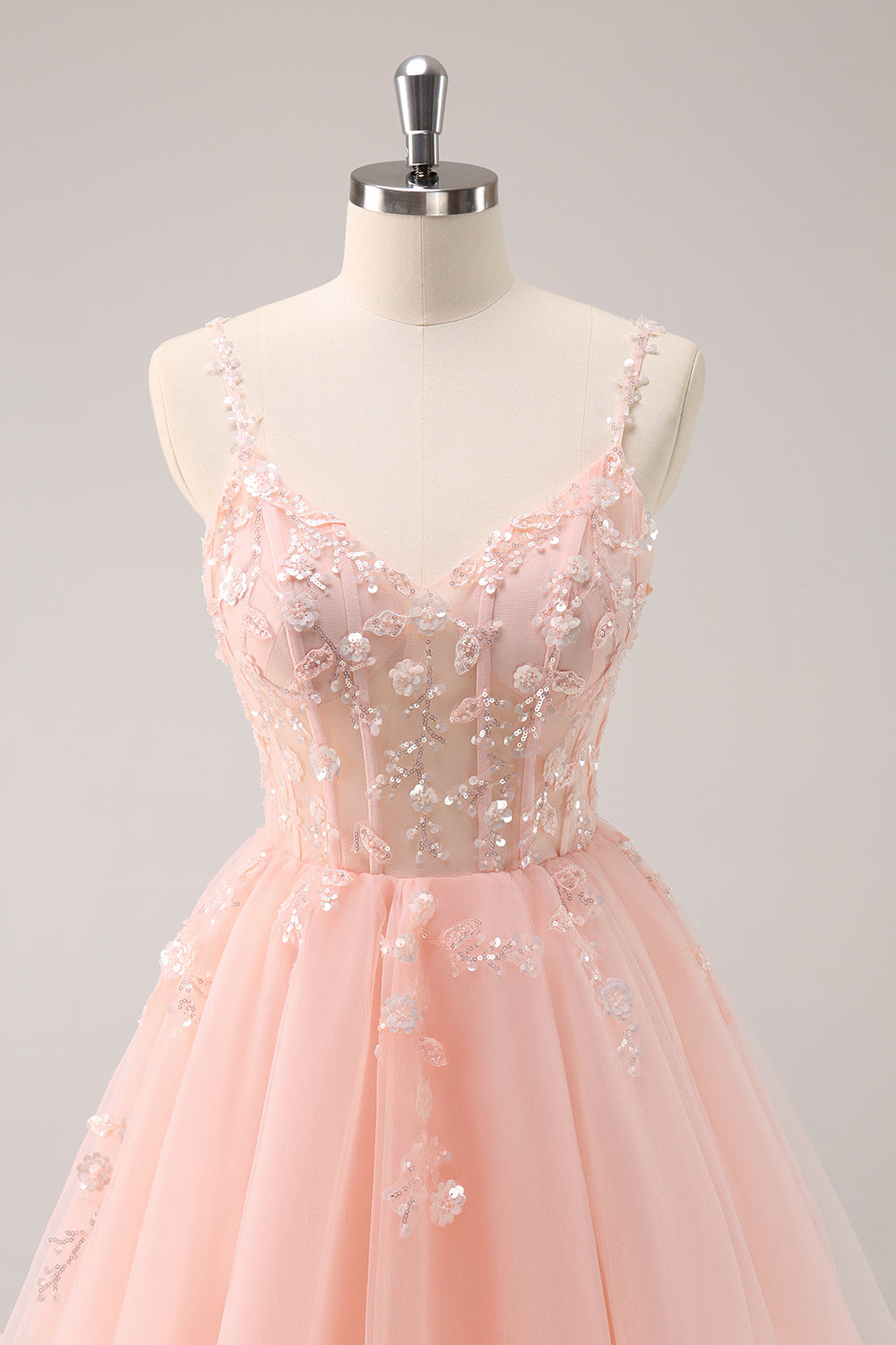 A Line Blush Spaghetti Straps Tulle Corset Sequins Homecoming Dress with Appliques - Fashionpara