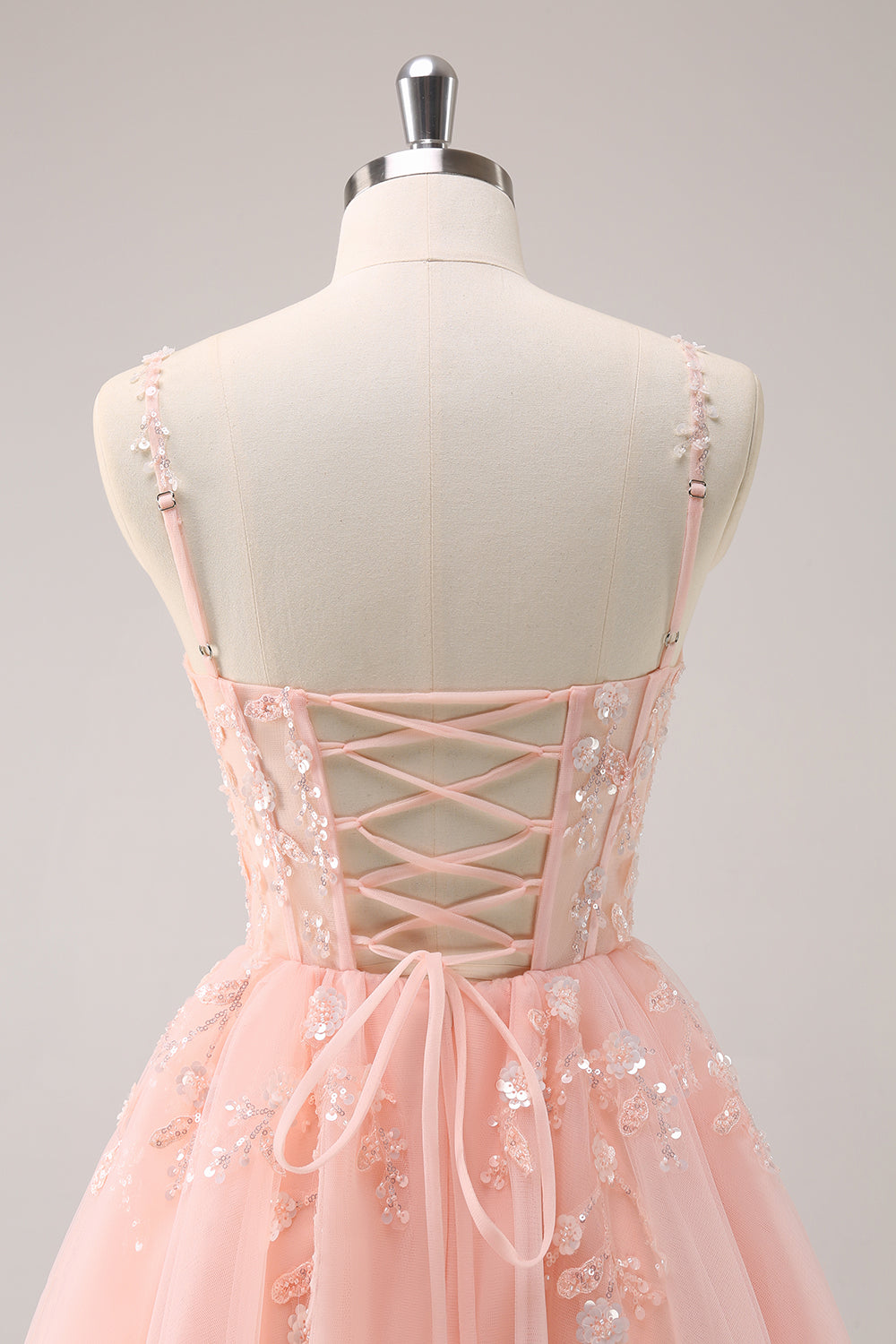 A Line Blush Spaghetti Straps Tulle Corset Sequins Homecoming Dress with Appliques - Fashionpara