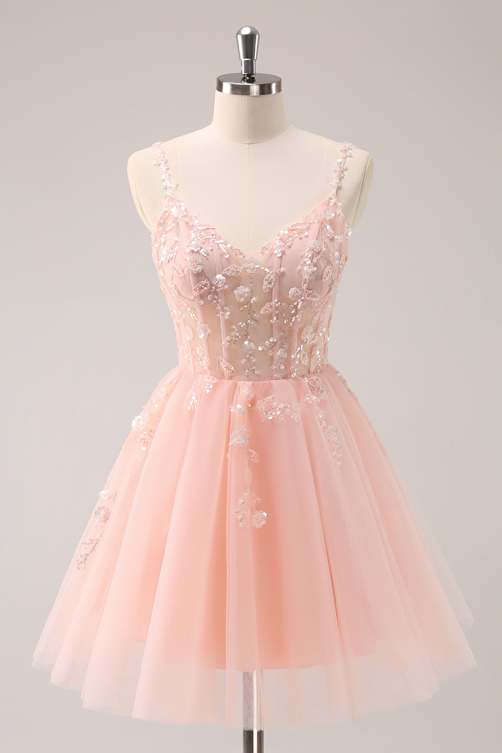 A Line Blush Spaghetti Straps Tulle Corset Sequins Homecoming Dress with Appliques - Fashionpara