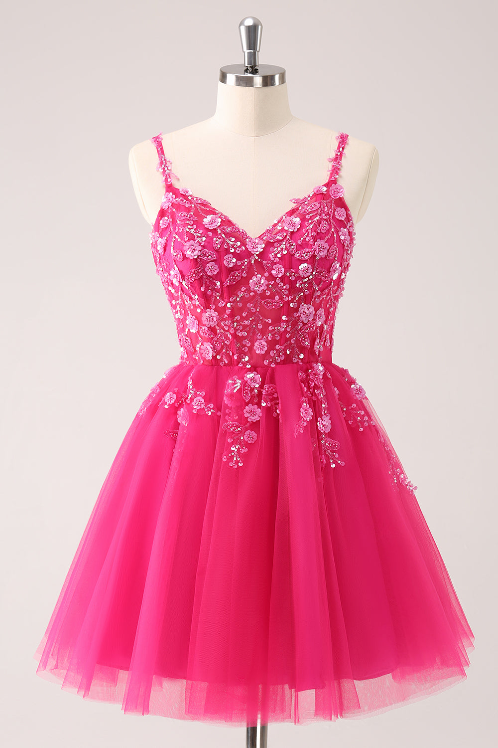 A Line Blush Spaghetti Straps Tulle Corset Sequins Homecoming Dress with Appliques - Fashionpara
