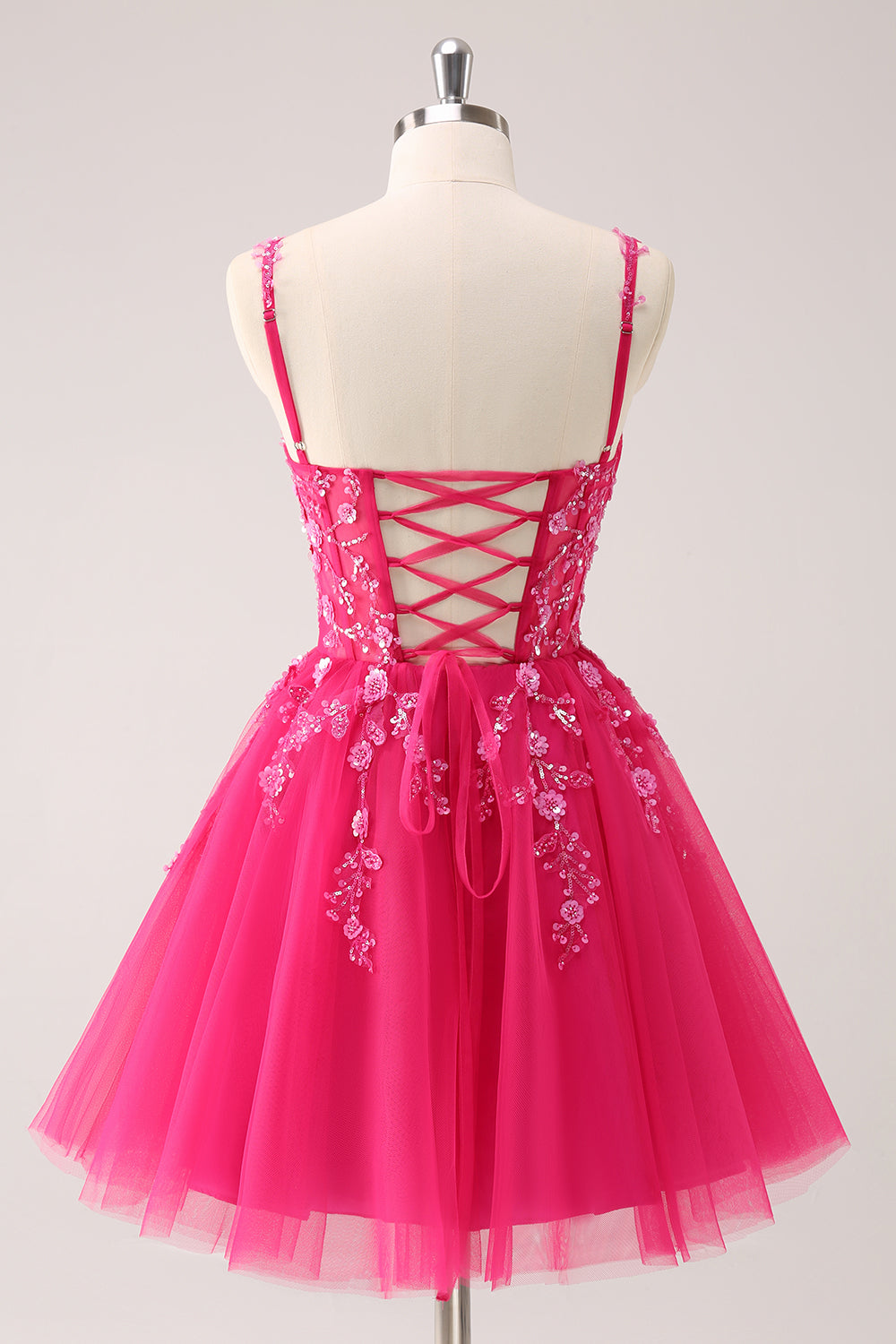 A Line Blush Spaghetti Straps Tulle Corset Sequins Homecoming Dress with Appliques - Fashionpara