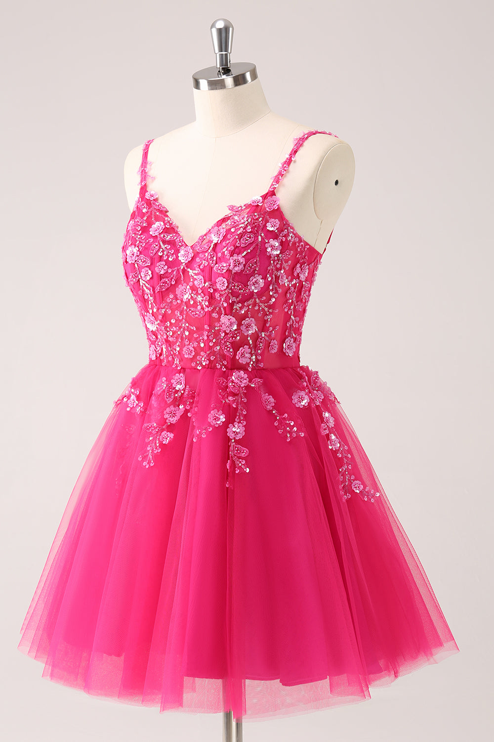 A Line Blush Spaghetti Straps Tulle Corset Sequins Homecoming Dress with Appliques - Fashionpara