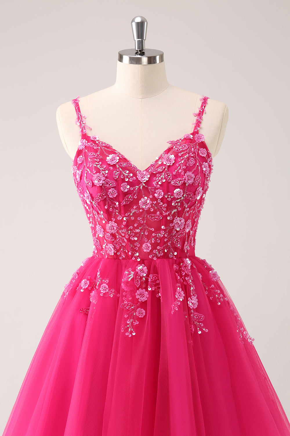 A Line Blush Spaghetti Straps Tulle Corset Sequins Homecoming Dress with Appliques - Fashionpara