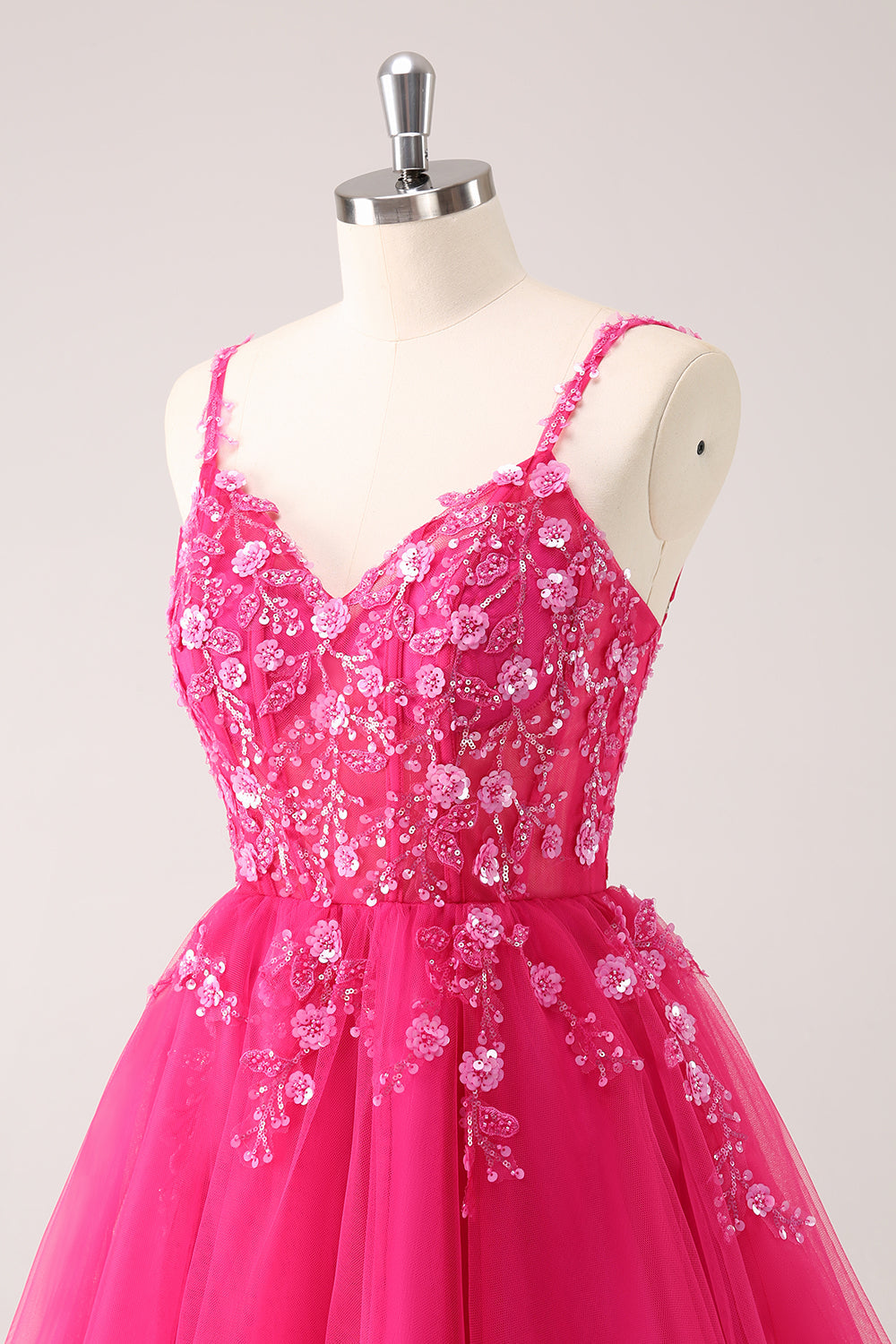 A Line Blush Spaghetti Straps Tulle Corset Sequins Homecoming Dress with Appliques - Fashionpara