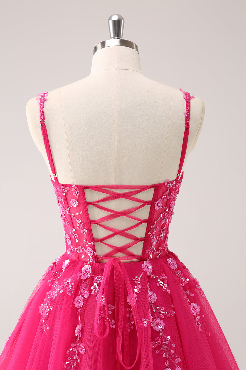 A Line Blush Spaghetti Straps Tulle Corset Sequins Homecoming Dress with Appliques - Fashionpara