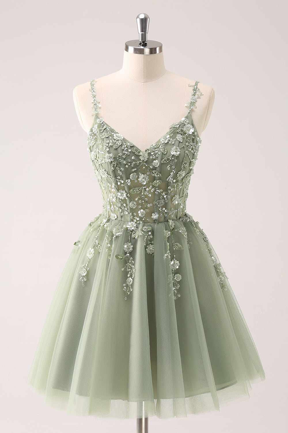 A Line Blush Spaghetti Straps Tulle Corset Sequins Homecoming Dress with Appliques - Fashionpara