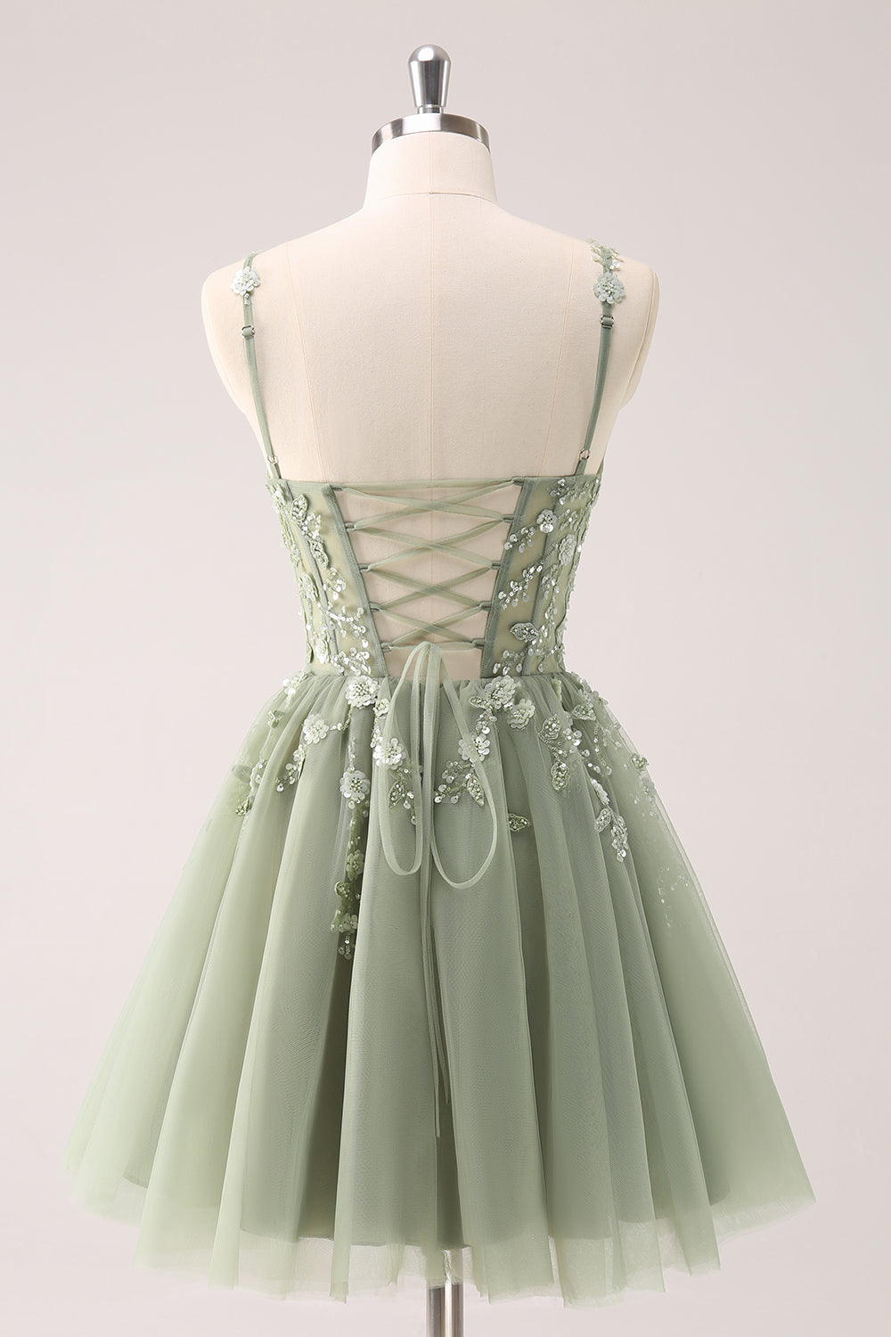 A Line Blush Spaghetti Straps Tulle Corset Sequins Homecoming Dress with Appliques - Fashionpara
