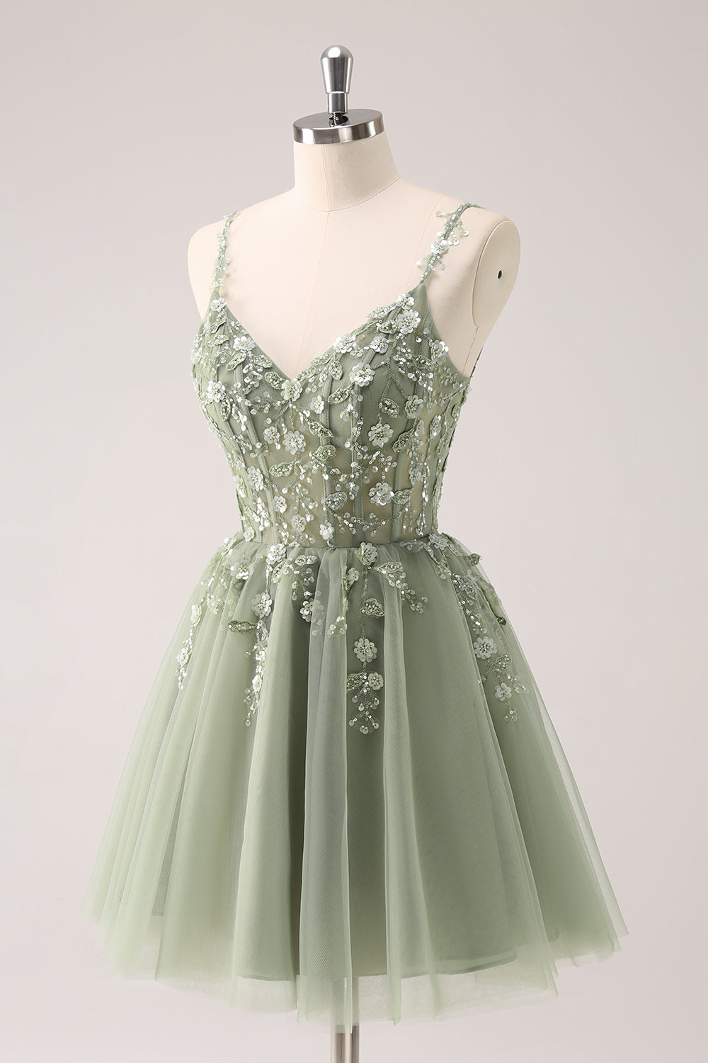 A Line Blush Spaghetti Straps Tulle Corset Sequins Homecoming Dress with Appliques - Fashionpara