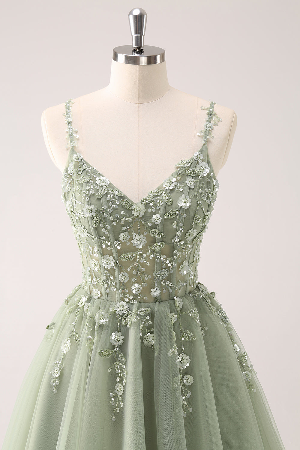 A Line Blush Spaghetti Straps Tulle Corset Sequins Homecoming Dress with Appliques - Fashionpara