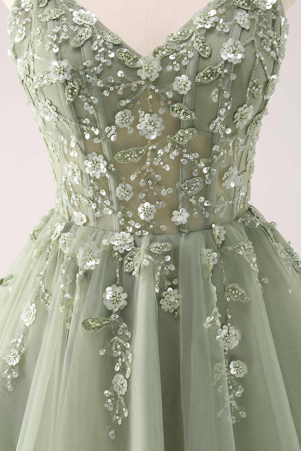 A Line Blush Spaghetti Straps Tulle Corset Sequins Homecoming Dress with Appliques - Fashionpara
