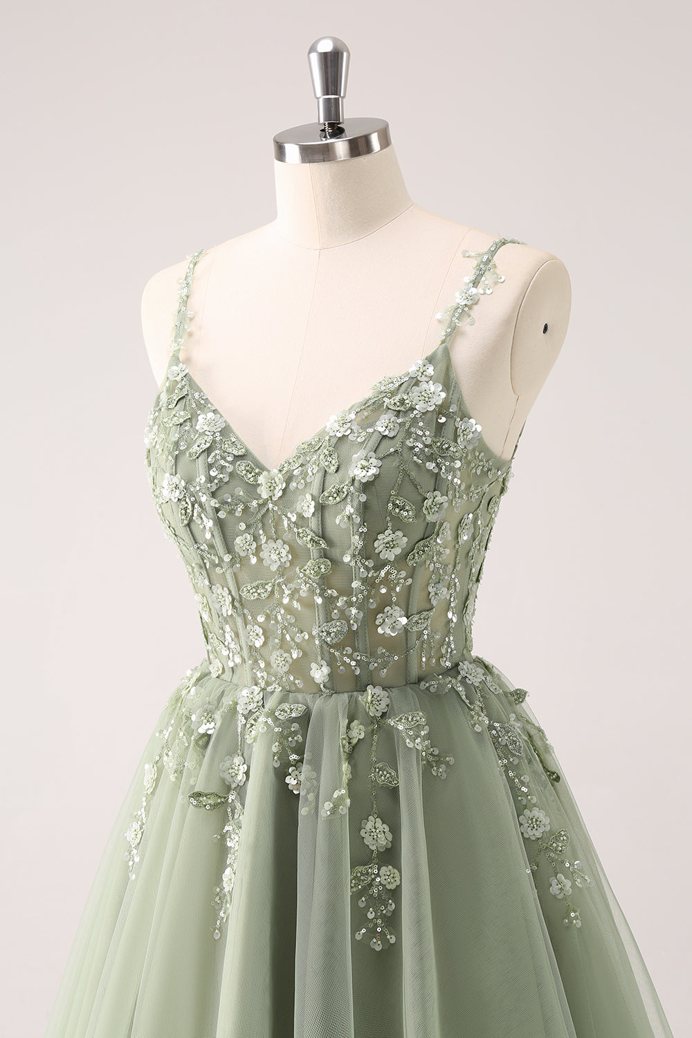 A Line Blush Spaghetti Straps Tulle Corset Sequins Homecoming Dress with Appliques - Fashionpara