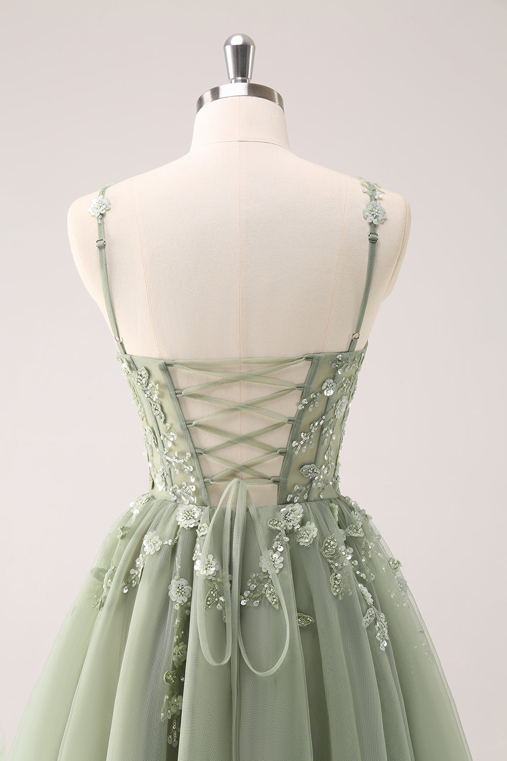 A Line Blush Spaghetti Straps Tulle Corset Sequins Homecoming Dress with Appliques - Fashionpara