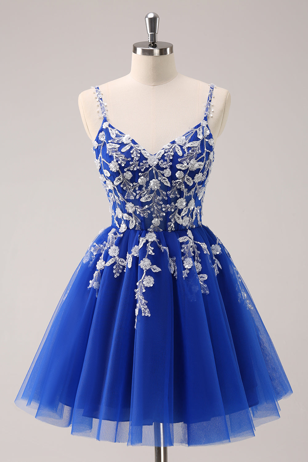 A Line Blush Spaghetti Straps Tulle Corset Sequins Homecoming Dress with Appliques - Fashionpara