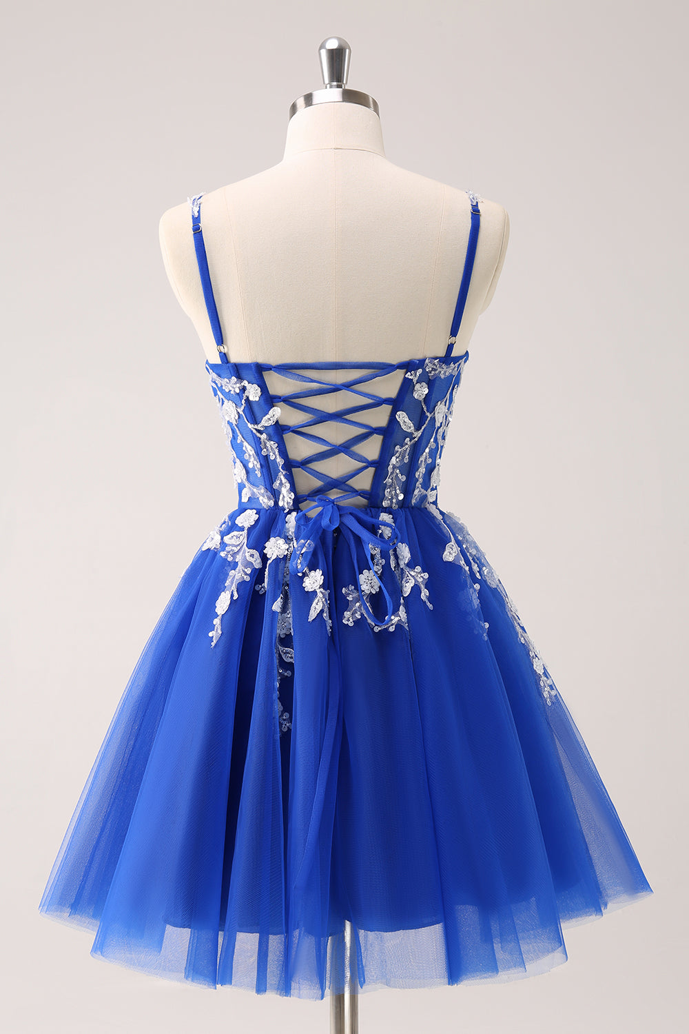 A Line Blush Spaghetti Straps Tulle Corset Sequins Homecoming Dress with Appliques - Fashionpara