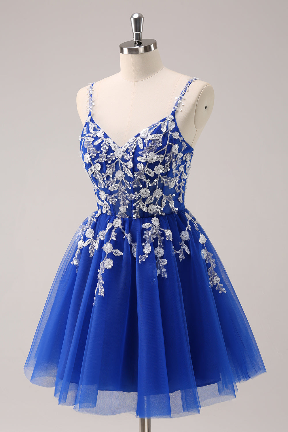 A Line Blush Spaghetti Straps Tulle Corset Sequins Homecoming Dress with Appliques - Fashionpara