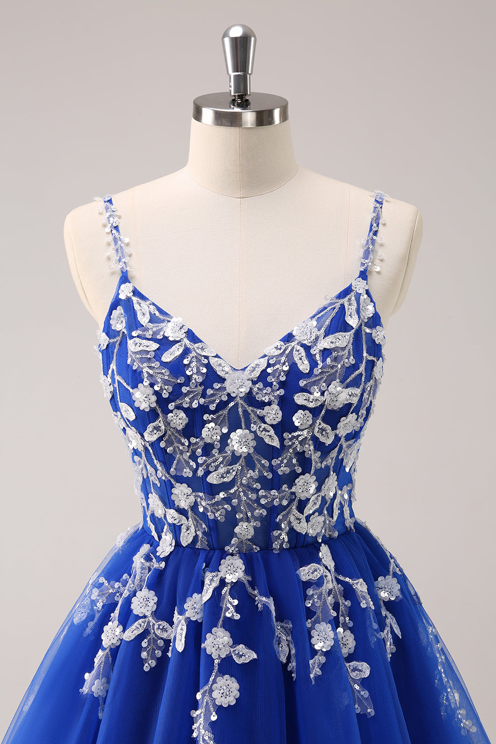 A Line Blush Spaghetti Straps Tulle Corset Sequins Homecoming Dress with Appliques - Fashionpara